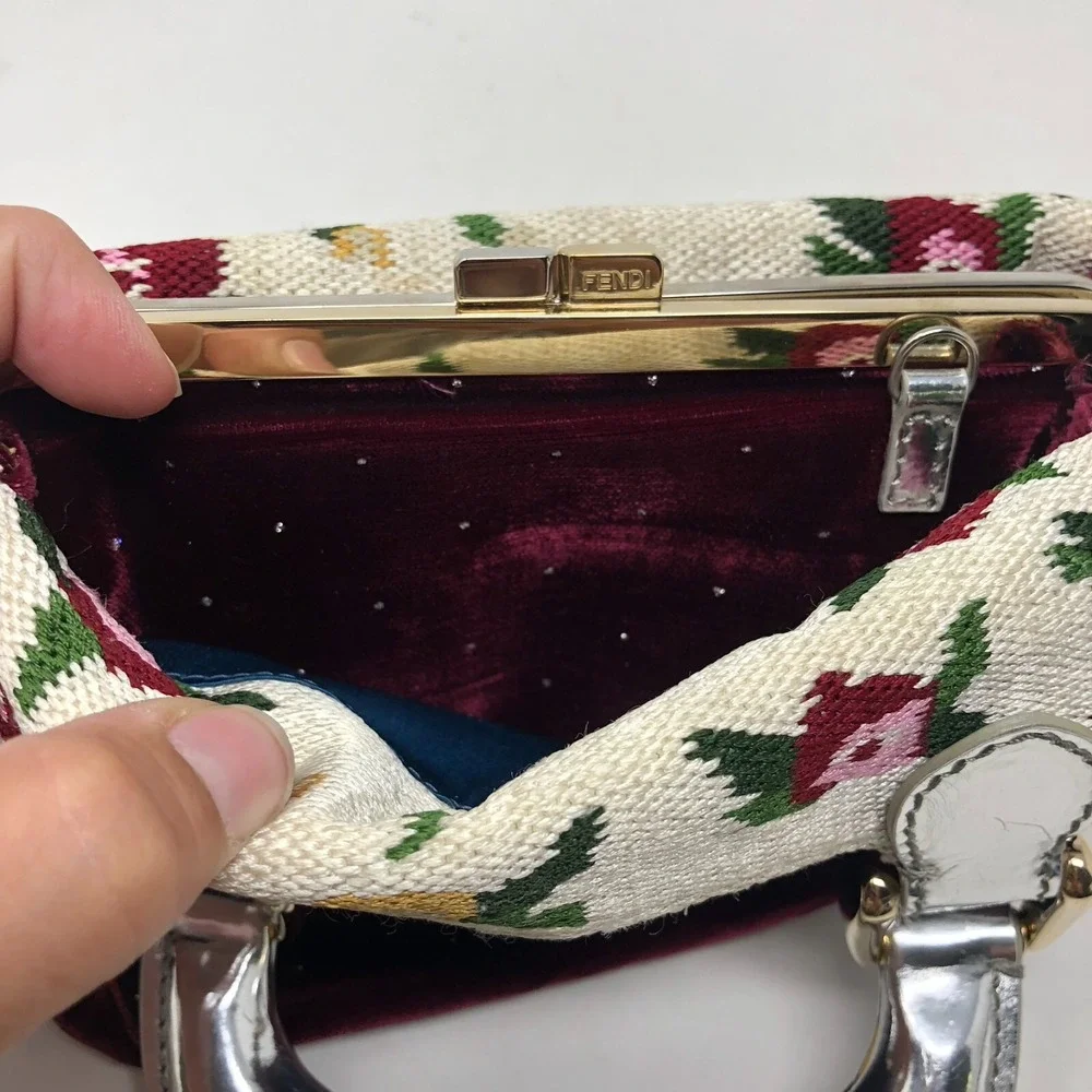 Fendi Velvet Handbag Small Burgundy‎ Red Needlepoint Chunky Handle Whimsigoth